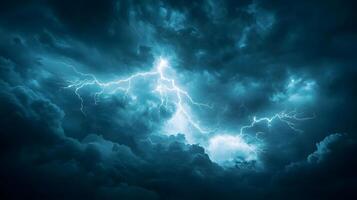 Powerful lightning strikes illuminate dark storm clouds, creating dramatic branching patterns across the night sky. Natural electrical discharge glows intensely in panoramic view illuminate photo