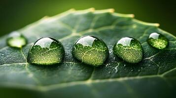 Microscopic water droplets glisten on fresh green leaf surface, capturing morning dew in crystal-clear detail. Natural bokeh effect enhances extreme close-up view with shallow depth of field. shine photo