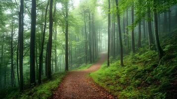 Mysterious forest scene shows tall pine trees shrouded in morning mist. Ethereal light filters through fog-covered woodland, creating moody atmosphere along forest path with fallen leaves. panoramic photo