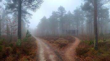 Mysterious forest scene shows tall pine trees shrouded in morning mist. Ethereal light filters through fog-covered woodland, creating moody atmosphere along forest path with fallen leaves. mysterious photo
