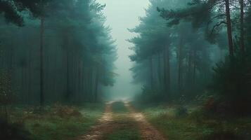 Mysterious forest scene shows tall pine trees shrouded in morning mist. Ethereal light filters through fog-covered woodland, creating moody atmosphere along forest path with fallen leaves. fog photo