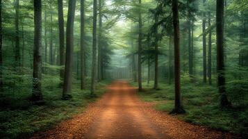 Mysterious forest scene shows tall pine trees shrouded in morning mist. Ethereal light filters through fog-covered woodland, creating moody atmosphere along forest path with fallen leaves. pine photo