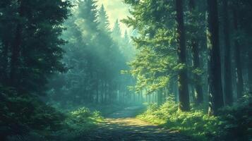 Mysterious forest scene shows tall pine trees shrouded in morning mist. Ethereal light filters through fog-covered woodland, creating moody atmosphere along forest path with fallen leaves. path photo