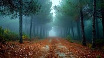 Mysterious forest scene shows tall pine trees shrouded in morning mist. Ethereal light filters through fog-covered woodland, creating moody atmosphere along forest path with fallen leaves. leaf photo
