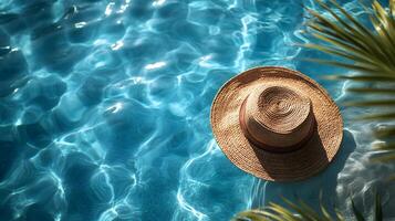 Luxurious swimming pool scene features turquoise water with rippling reflections. Straw sun hat and palm leaf accent summer vacation atmosphere in bright sunlit resort setting. ripple photo