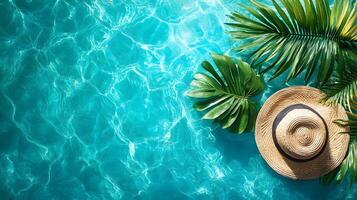 Luxurious swimming pool scene features turquoise water with rippling reflections. Straw sun hat and palm leaf accent summer vacation atmosphere in bright sunlit resort setting. recreation photo