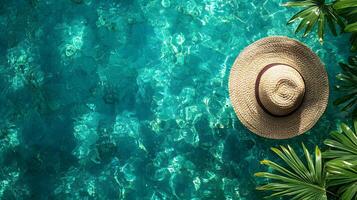 Luxurious swimming pool scene features turquoise water with rippling reflections. Straw sun hat and palm leaf accent summer vacation atmosphere in bright sunlit resort setting. relaxation photo
