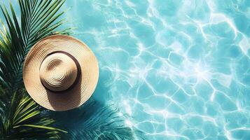 Luxurious swimming pool scene features turquoise water with rippling reflections. Straw sun hat and palm leaf accent summer vacation atmosphere in bright sunlit resort setting. pool photo