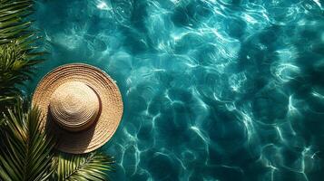 Luxurious swimming pool scene features turquoise water with rippling reflections. Straw sun hat and palm leaf accent summer vacation atmosphere in bright sunlit resort setting. swimming photo