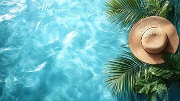 Luxurious swimming pool scene features turquoise water with rippling reflections. Straw sun hat and palm leaf accent summer vacation atmosphere in bright sunlit resort setting. reflection photo