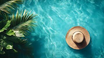 Luxurious swimming pool scene features turquoise water with rippling reflections. Straw sun hat and palm leaf accent summer vacation atmosphere in bright sunlit resort setting. summer photo