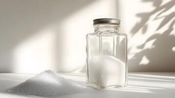 Traditional glass salt shaker displays white crystals through clear container. Metal cap with holes tops minimalist design, captured with soft window lighting and gentle shadows. crystal photo