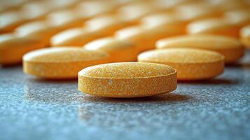 Vibrant orange tablets arranged artistically on a smooth surface under soft lighting photo