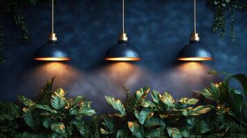 Three stylish pendant lights glow softly above vibrant foliage in a tranquil setting photo
