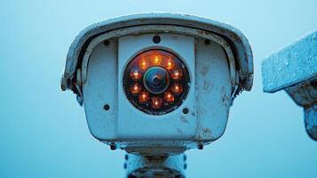 An illuminated camera monitors the area, enhancing urban life and security photo
