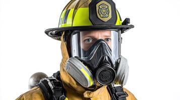 A firefighter stands ready, equipped with protective gear and a focused expression photo