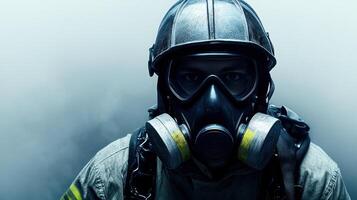 A firefighter dons a gas mask, ready for action in swirling smoke photo