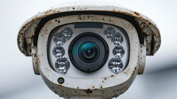 A weathered surveillance camera points at the grey sky, capturing city life photo