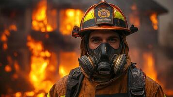 The firefighter takes a stand against intense flames while protecting the community photo