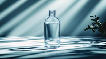 The water-filled glass bottle glistens in gentle light, creating a calm atmosphere photo