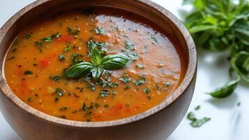 A steaming bowl of tomato basil soup garnished with fresh herbs sits invitingly photo