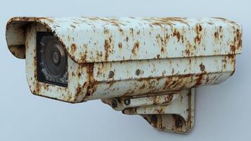 An old surveillance camera shows heavy rust, hinting at years of exposure to the elements photo