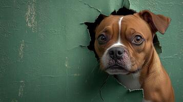 A playful dog looks through a torn hole in a weathered green surface photo