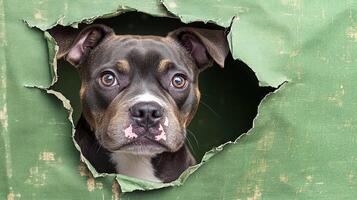 A playful dog looks through a hole in the green canvas with curious, expressive eyes photo