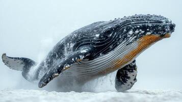 A magnificent humpback whale leaps from the water, sending splashes around it photo