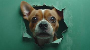 A playful dog gazes through a torn hole, showcasing its curiosity and vitality photo