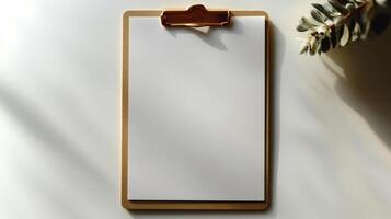 A sunny desk features a blank clipboard ready for new ideas photo