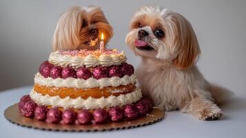 Two dogs gaze eagerly at a colorful cake with a lit candle photo