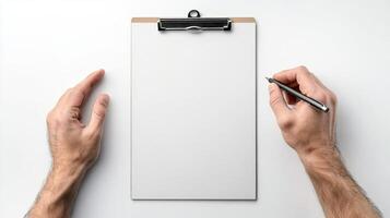 Hands poised with a pen ready to create on a fresh blank clipboard photo