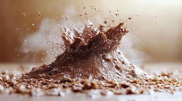 Chocolate erupts playfully, sending splashes across the warm kitchen surface photo