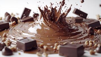 Delicious chocolate erupts beautifully, surrounded by tempting chocolate pieces photo