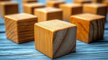 Wooden cubes create an engaging pattern on a textured blue background photo