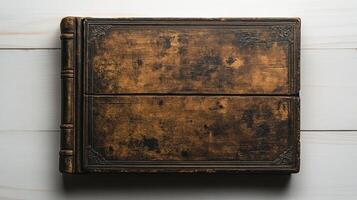 Weathered book invites curiosity and imagination on a rustic wooden surface photo