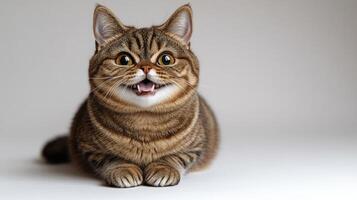 This adorable cat seems to smile with joy and curiosity photo