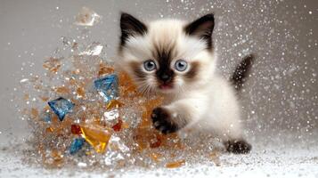The curious kitten pounces on the shining gems with playful enthusiasm photo