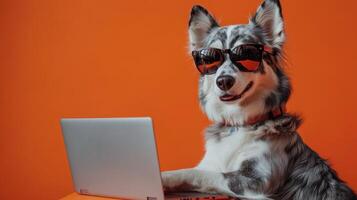 A stylish dog enjoys its time working on a computer photo