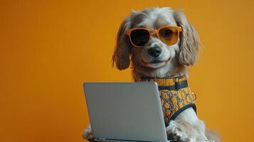 A fashionable dog works intently on a laptop while wearing sunglasses photo