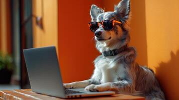 A dog in sunglasses sits in front of a laptop, enjoying the sunshine photo