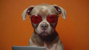A fashionable dog in shades sits focused in front of a laptop photo