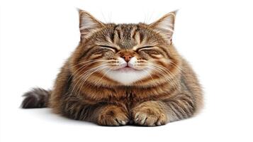 A fluffy cat with a joyful expression relaxes peacefully, enjoying the moment photo