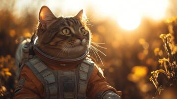A whimsical cat gazes curiously while wearing a spacesuit in a vibrant field photo