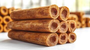 A close-up of stacked chew sticks for dogs, showcasing their unique texture photo