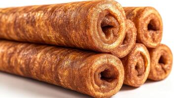 Golden brown rolls are stacked high, showcasing their crispy, flaky texture photo