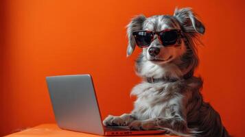 A fashionable dog attentively types on a laptop with cool sunglasses photo
