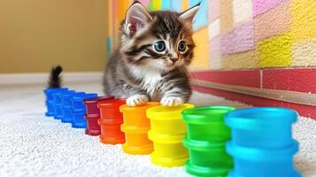 A curious kitten inspects a row of bright building blocks with interest photo