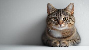 A tabby cat relaxes, observing its surroundings with a curious expression photo